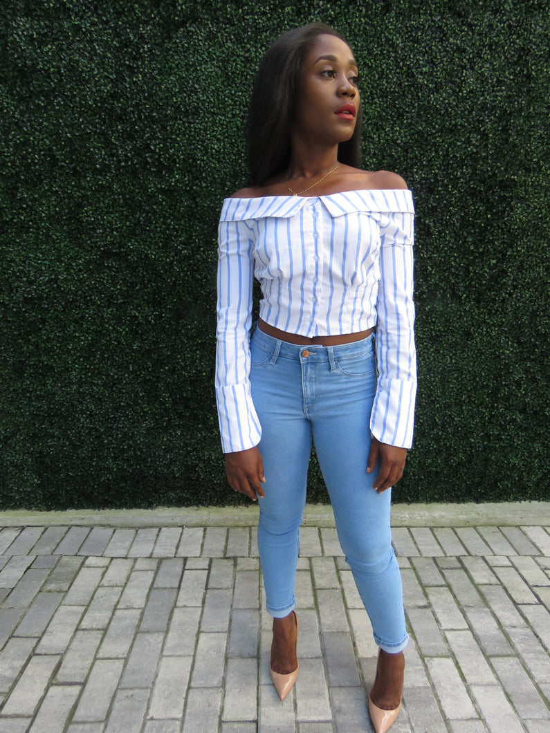 STRIPE OFF SHOULDER SHIRT TOP - Leslie el Vene Boutique 